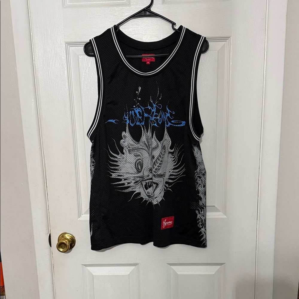 SUPREME Black Graphic Tank Top with Blue and White Design